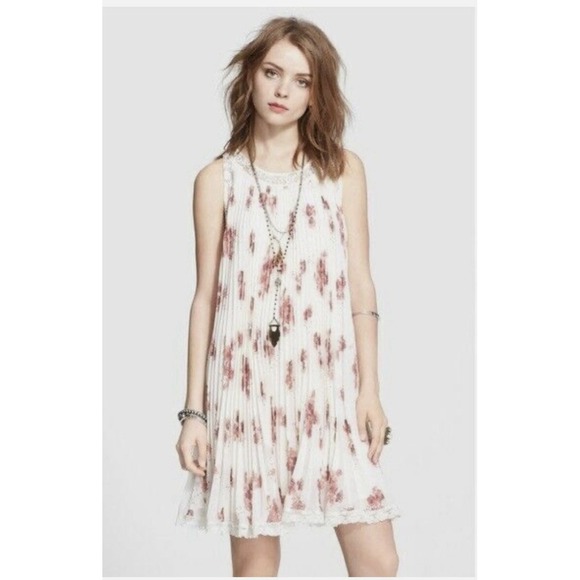 Free People Dresses & Skirts - Free People Accordion Pleated Dress Medium Cream Pink Roses, Cottage, Garden